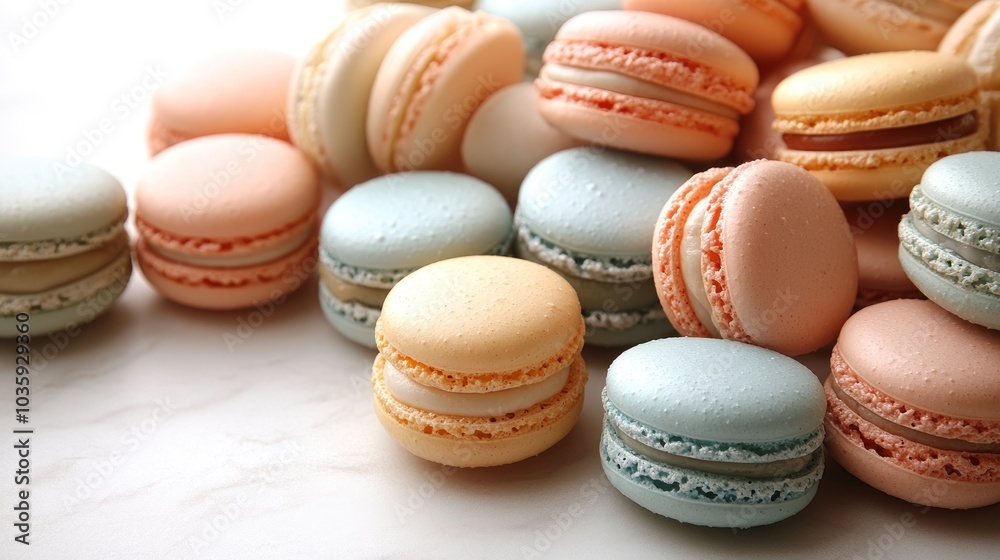Sweet and colorful macarons in pastel shades create an enticing dessert display
