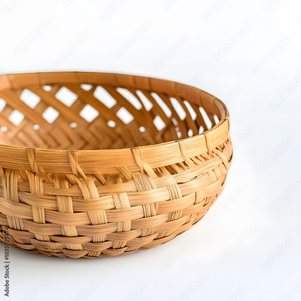 Empty straw, rattan wicker basket on white background Bamboo basket, Storage basket Empty straw, rattan wicker basket on white background Bamboo basket, Storage basket