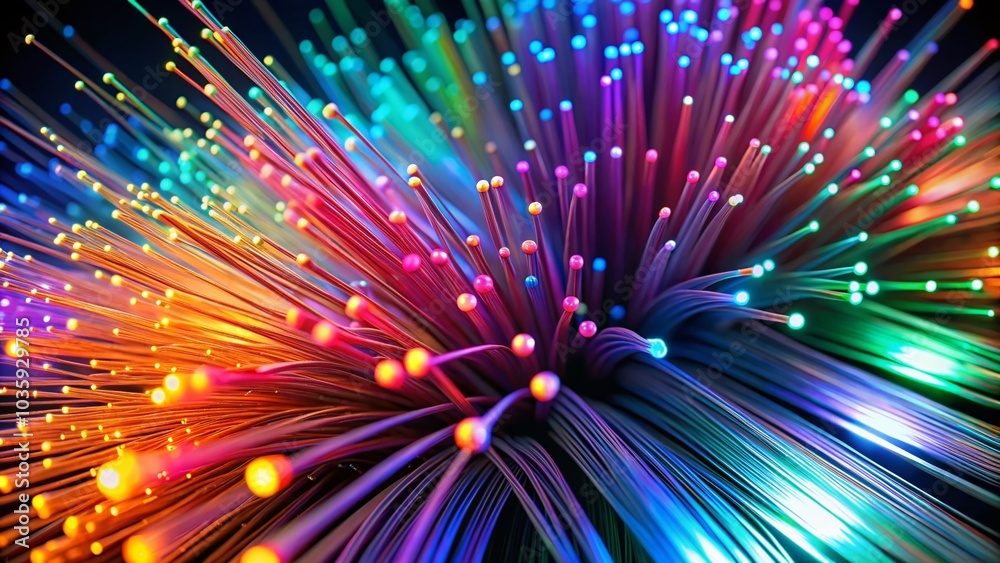 Glowing Fiber Optic Cables Abstract Close-up in Darkness Glowing Fiber Optic Cables Abstract Close-up in Darkness