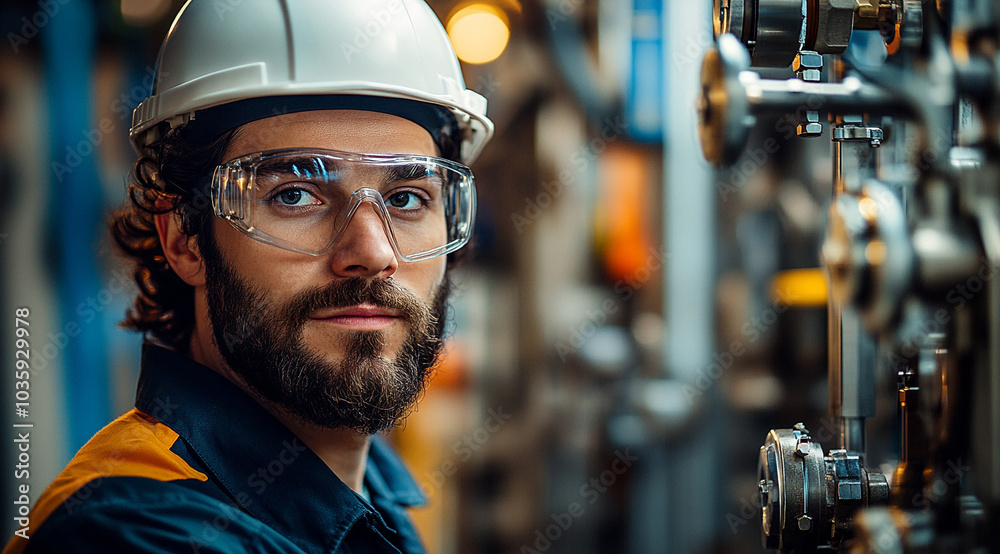 Portrait of a male engineer wearing a hard hat and safety glasses in a factory, working with modern machinery.
Portrait of a male engineer wearing a hard hat and safety glasses in a factory, working with modern machinery.