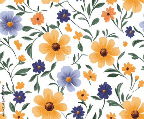 Seamless playful floral pattern with colorful blossoms and green foliage
