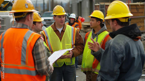 Group of construction workers in hard hats and safety vests having a discussion.