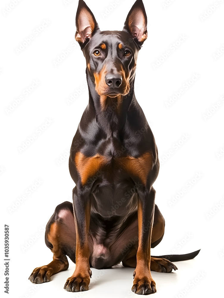 Doberman sitting, isolated on white background