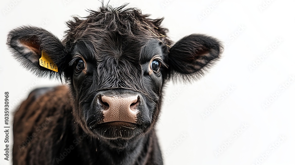 A comical close-up portrait of a black cow, isolated against a white backdrop, capturing its endearing features. The image exudes a playful and charming atmosphere A comical close-up portrait of a black cow, isolated against a white backdrop, capturing its endearing features. The image exudes a playful and charming atmosphere