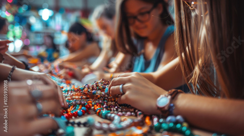 Handcrafting Colorful Beaded Jewelry - Artisan Women Stringing Beads for Fashion Accessories. Generative ai photo