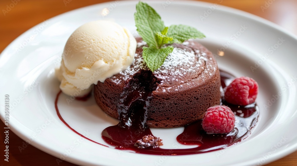 A decadent molten lava cake with rich chocolate oozing out, served on a white plate with a scoop of vanilla ice cream, Lava cake centered A decadent molten lava cake with rich chocolate oozing out, served on a white plate with a scoop of vanilla ice cream, Lava cake centered