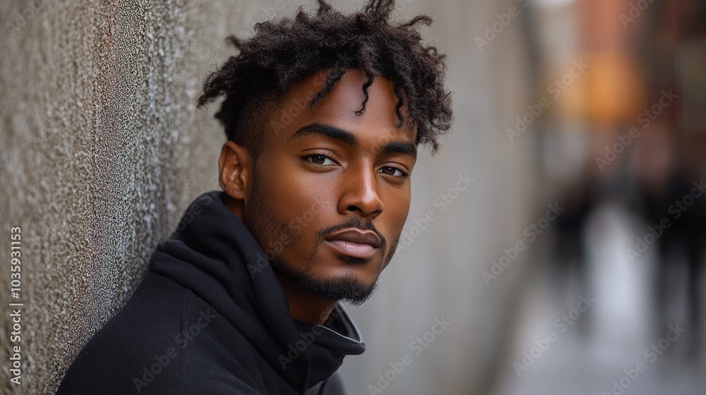 A young individual in casual attire reflects on life in a busy city street A young individual in casual attire reflects on life in a busy city street