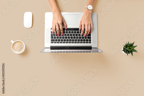 Woman working in modern office. Top view