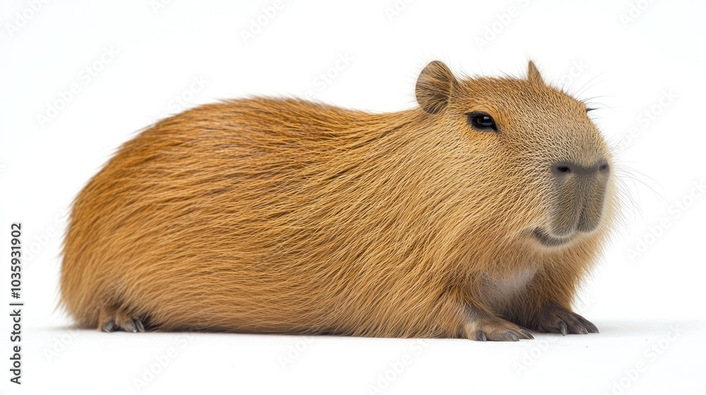 A relaxed capybara rests peacefully, showcasing its soft, golden-brown fur A relaxed capybara rests peacefully, showcasing its soft, golden-brown fur