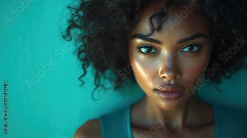 The woman gazes confidently with glowing skin and rich curls, exuding charm