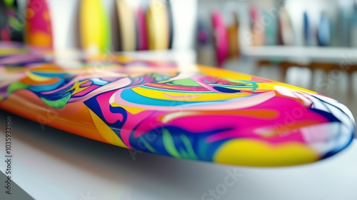 Close-up of a colorful surfboard resting on a white surface, highlighting its sleek design and vibrant artwork.