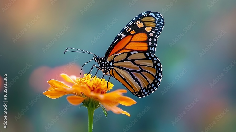Close-up of a monarch butterfly with striking orange and black patterns, perched delicately on a flower petal. Close-up of a monarch butterfly with striking orange and black patterns, perched delicately on a flower petal.