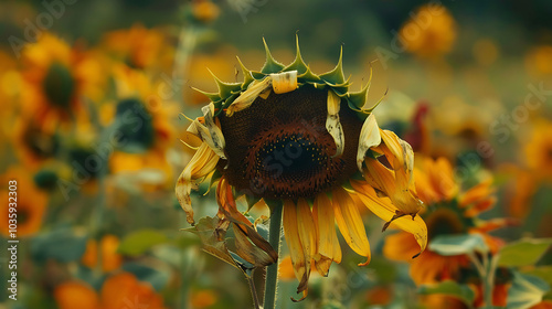 Close-up of a wilted sunflower in a field. photo