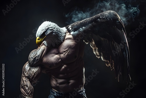 humanoid muscular eagle with wings, fantasy creature warrior,. representing strength and power