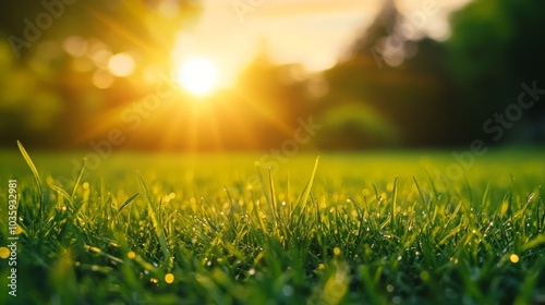 Close-up of lush green grass with dew drops in the foreground, with the sun setting in the background.