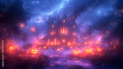 Halloween Theme: A Spooky Haunted House with Glowing Pumpkins, Bats, and Creepy Shadows for a Perfectly Eerie Atmosphere. 