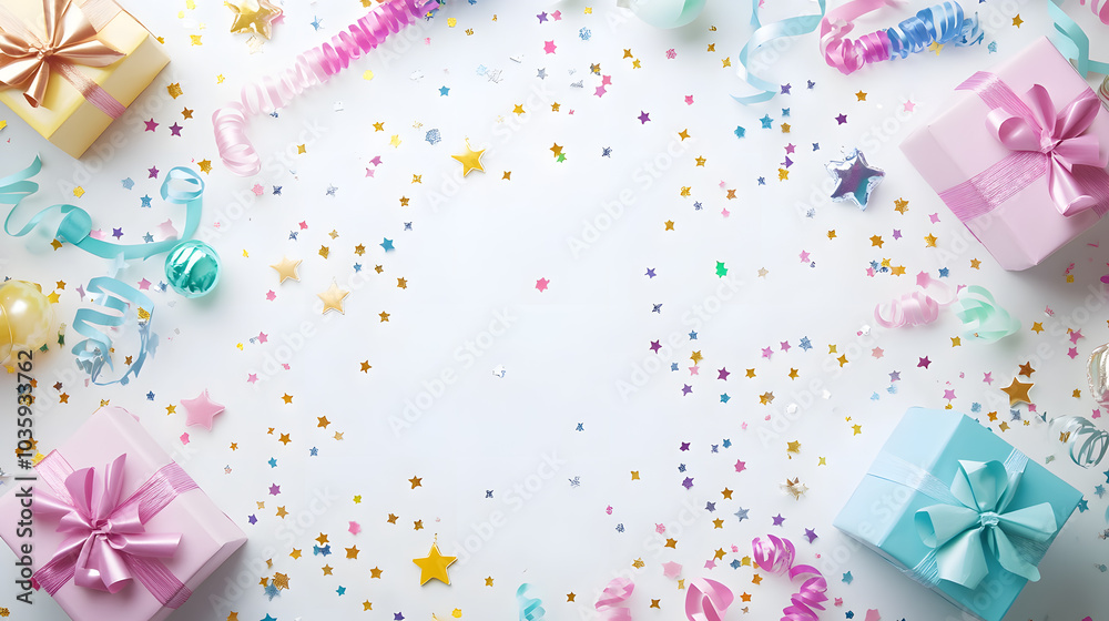 Creative birthday party Mock up frame with gift, streamer, star confetti, glitter on white background Creative birthday party Mock up frame with gift, streamer, star confetti, glitter on white background