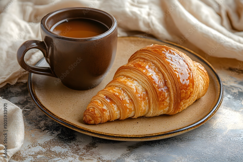 brown croissant and cup of coffee on the plate for the breakfast, morning baked snack brown croissant and cup of coffee on the plate for the breakfast, morning baked snack