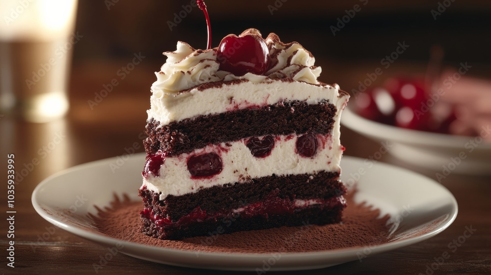 A decadent slice of black forest cake with layers of chocolate sponge, whipped cream, and cherries A decadent slice of black forest cake with layers of chocolate sponge, whipped cream, and cherries
