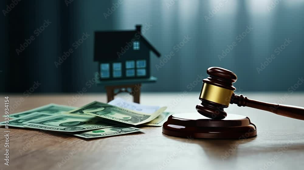 A gavel, house model, and money are displayed on a table, symbolizing legal and financial matters related to real estate and property law. A gavel, house model, and money are displayed on a table, symbolizing legal and financial matters related to real estate and property law.