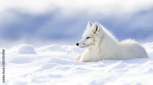 A majestic arctic fox, adorned in a pristine white coat, rests gracefully amidst the snowy expanse. Its piercing gaze surveys the surroundings