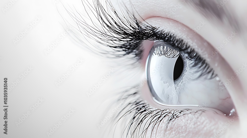 Fototapeta premium A close-up of a human eye showcasing intricate details, including long eyelashes and a reflective iris, against a soft background.