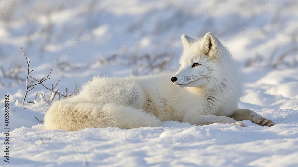Obraz premium A majestic arctic fox, adorned in a pristine white coat, rests gracefully amidst the snowy expanse. Its piercing gaze surveys the surroundings