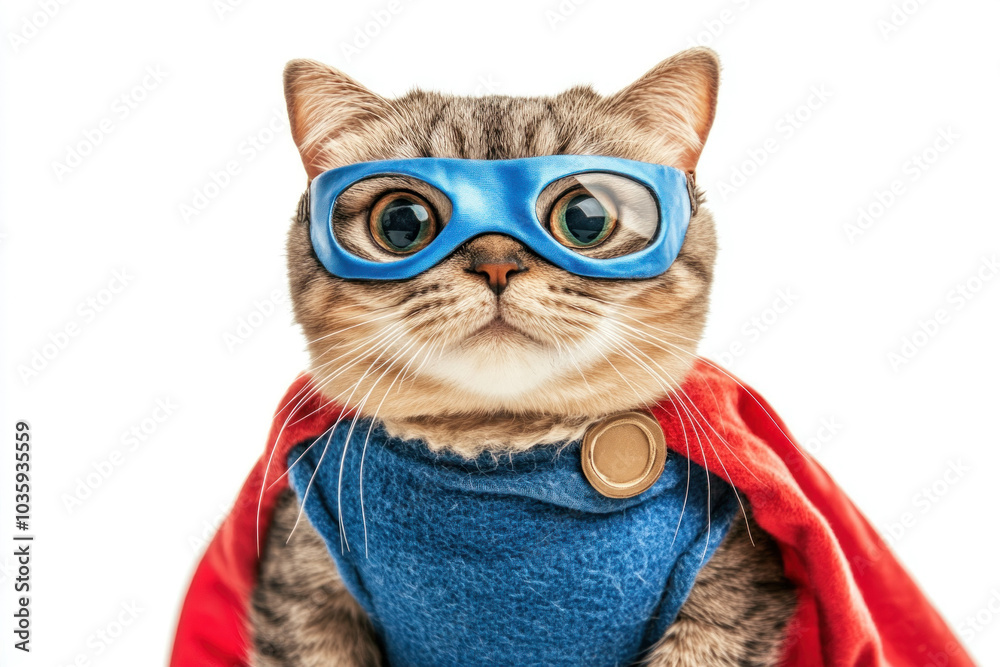 Cat in superhero costume with blue mask, standing proudly. Bright comic-themed backdrop complements the heroic stance. Cat in superhero costume with blue mask, standing proudly. Bright comic-themed backdrop complements the heroic stance.