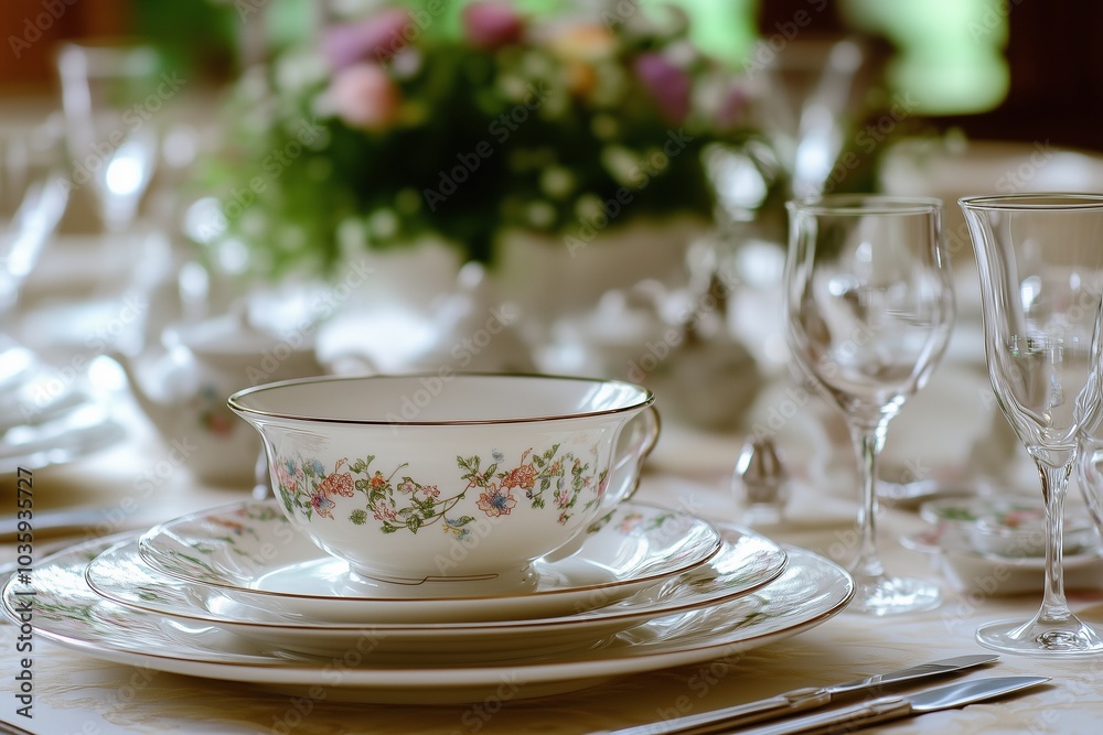 Fine dinnerware with delicate floral patterns, arranged on a lavishly decorated dining table. Fine dinnerware with delicate floral patterns, arranged on a lavishly decorated dining table.