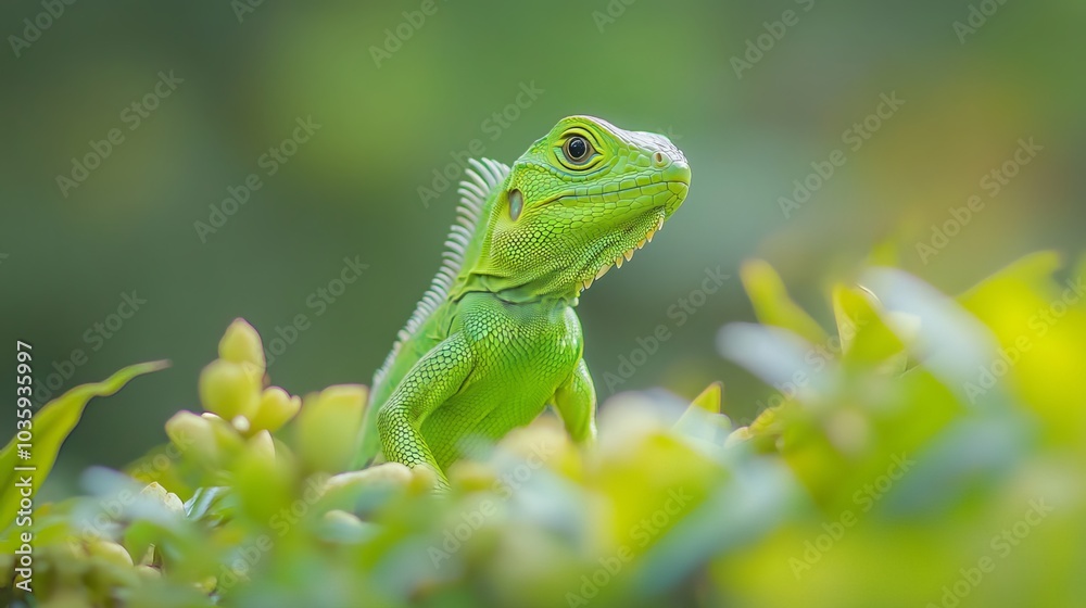 A vibrant green iguana cub stands out against a matching backdrop, showcasing the rich biodiversity of South America and Brazil. A vibrant green iguana cub stands out against a matching backdrop, showcasing the rich biodiversity of South America and Brazil.