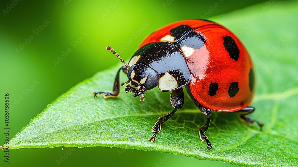 Close-up of a ladybug on a green leaf. Close-up of a ladybug on a green leaf.