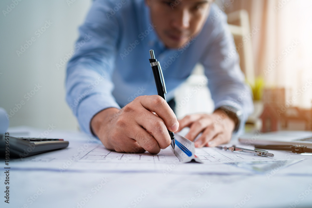 Naklejka premium A man is writing with a pen on a piece of paper. He is focused and serious, likely working on a project or task. Concept of concentration and determination, as the man puts his thoughts