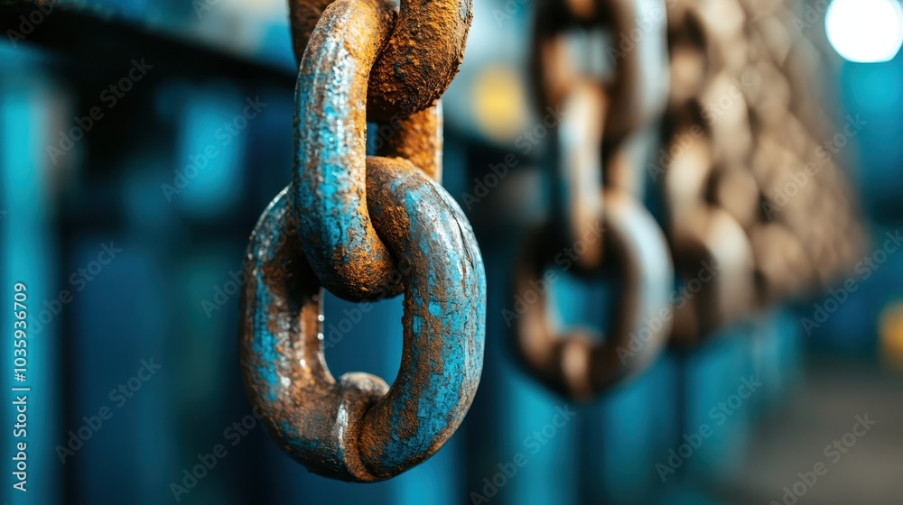 Detailed view of large, weathered chains interlinked in an industrial setting, showing age and functionality, highlighted by the texture and rugged composition. Detailed view of large, weathered chains interlinked in an industrial setting, showing age and functionality, highlighted by the texture and rugged composition.
