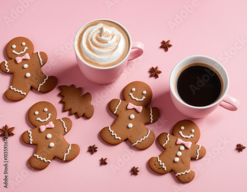 Gingerbread cookies above coffee on a pink surface.