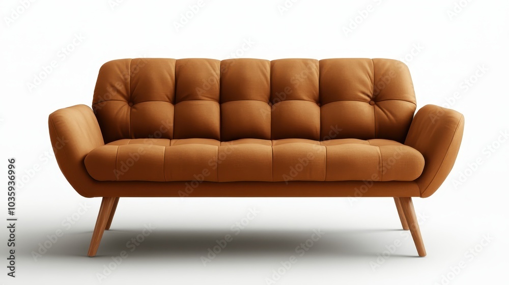 Fototapeta premium This elegant brown sofa features stylish tufted cushions and sturdy wooden legs, ideal for adding a touch of sophistication to any living space.