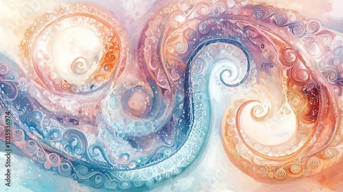 Pastel-toned paisley swirls in soft watercolor strokes, creating a delicate and elegant design.