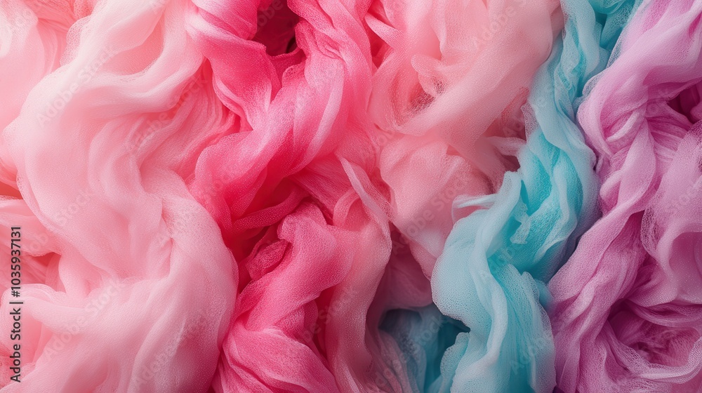 A vibrant assortment of chiffon fabric, layered in soft pastel hues of pink, blue, and purple, showcasing the delicate beauty and elegance of textile art.