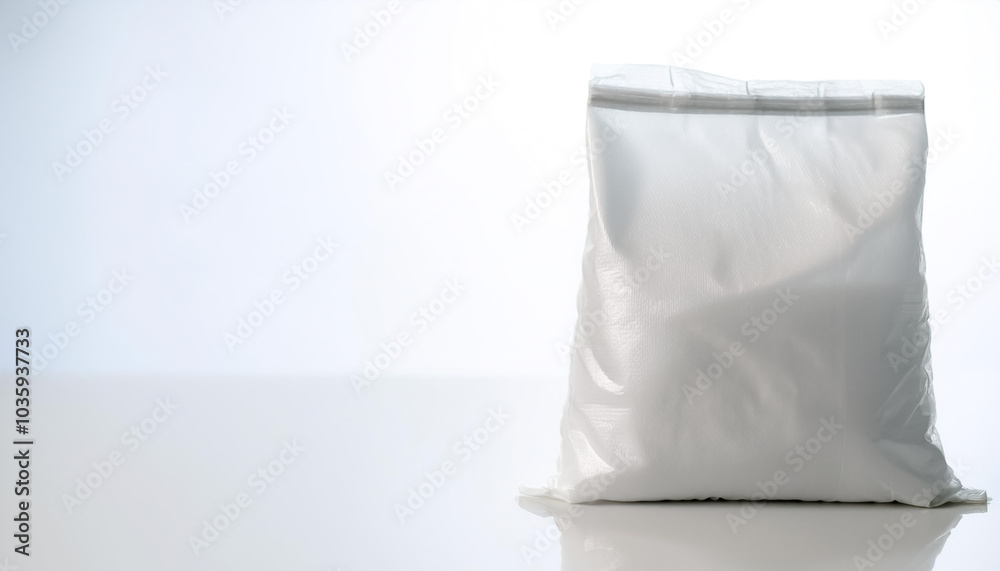 A white plastic bag with a white label on side position provides copy space for text. background concept isolated white A white plastic bag with a white label on side position provides copy space for text. background concept isolated white