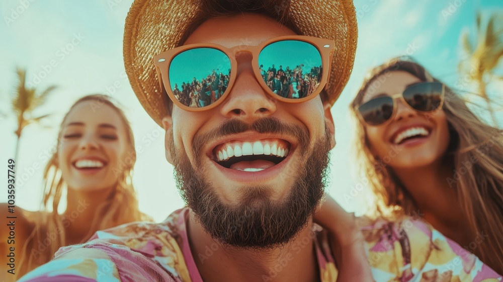 Smiling friends posing together at the beach under a bright blue sky, wearing sunglasses and tropical attire, showcasing summer fun and carefree relaxation. Smiling friends posing together at the beach under a bright blue sky, wearing sunglasses and tropical attire, showcasing summer fun and carefree relaxation.