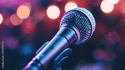 Close-up of microphone on stand in soundproof recording studio, positioned in front of script stand, symbolizing voice acting and audio production.