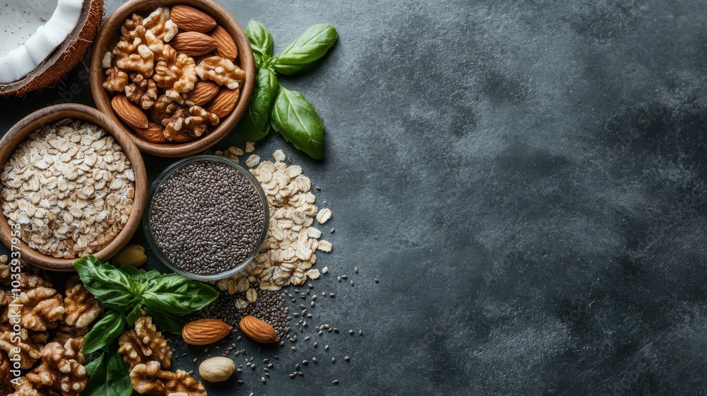 Assorted healthy nuts and seeds like almonds, walnut, chia seeds with basil leaves, artistically arranged on a dark stone background for culinary inspiration. Assorted healthy nuts and seeds like almonds, walnut, chia seeds with basil leaves, artistically arranged on a dark stone background for culinary inspiration.