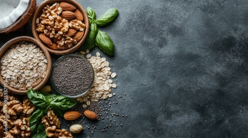 Assorted healthy nuts and seeds like almonds, walnut, chia seeds with basil leaves, artistically arranged on a dark stone background for culinary inspiration.