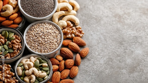 A variety of nuts and seeds, including cashews, walnuts, almonds, and pumpkin seeds, are artistically arranged in a flat lay on a textured stone background.