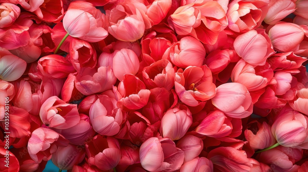 An intricate close-up view of numerous overlapping pink tulips in full bloom, filling the frame with their luscious petals and vibrant colors in a dramatic display.