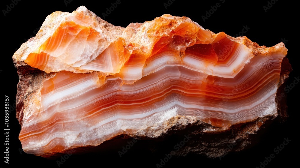 This image features a striking agate geode slice with vivid horizontal layers, revealing an array of orange hues and intricate natural details on its surface.