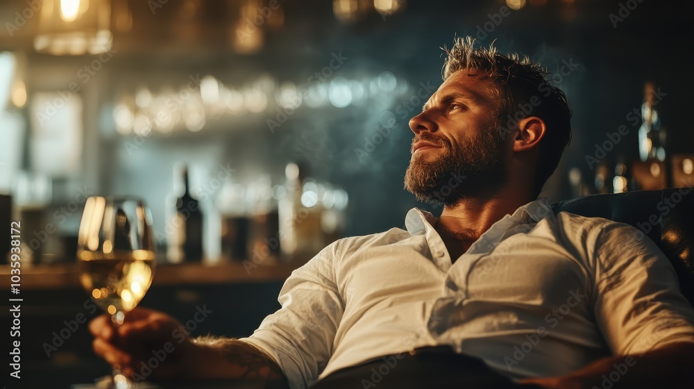A man relaxes in a dimly-lit bar with a glass of wine, reflecting sophistication, leisure, and indulgence, framed by elegant and artistic decor. A man relaxes in a dimly-lit bar with a glass of wine, reflecting sophistication, leisure, and indulgence, framed by elegant and artistic decor.