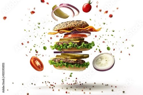Wallpaper Mural Flying burger slices with delicious ingredients on white background. Torontodigital.ca