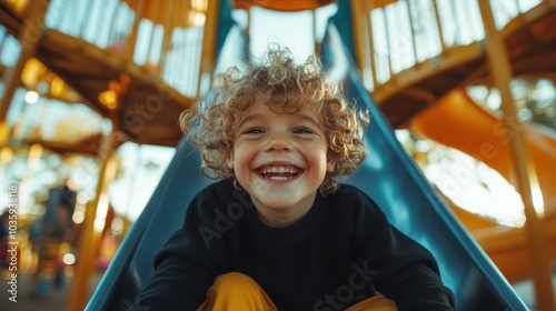 A cheerful child slides down a blue playground slide, their face bright with joy and excitement, embodying the pure delight and spontaneity of childhood adventure. photo