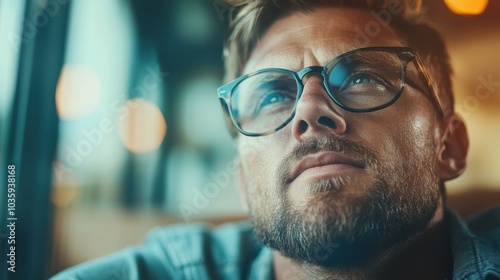 A man wearing glasses gazes thoughtfully out of a window, capturing a moment of introspection, contemplation, and modern introspective style indoors.