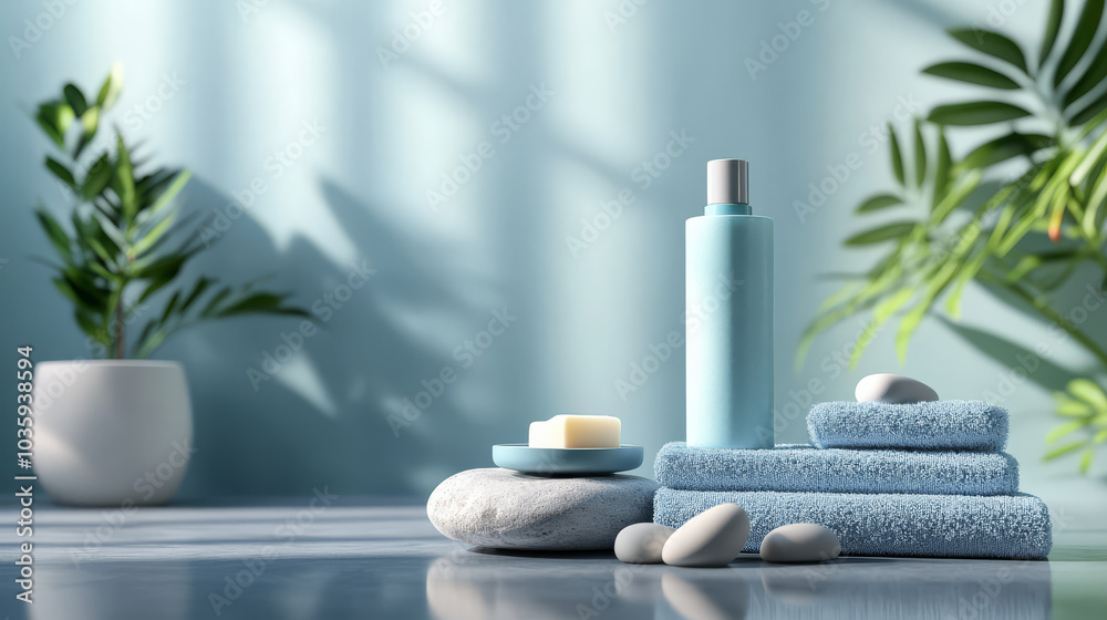 serene and modern bathroom setting featuring blue towel stack, soap, and lotion bottle on smooth stone surface, surrounded by lush green plants. Soft light enhances tranquil atmosphere serene and modern bathroom setting featuring blue towel stack, soap, and lotion bottle on smooth stone surface, surrounded by lush green plants. Soft light enhances tranquil atmosphere
